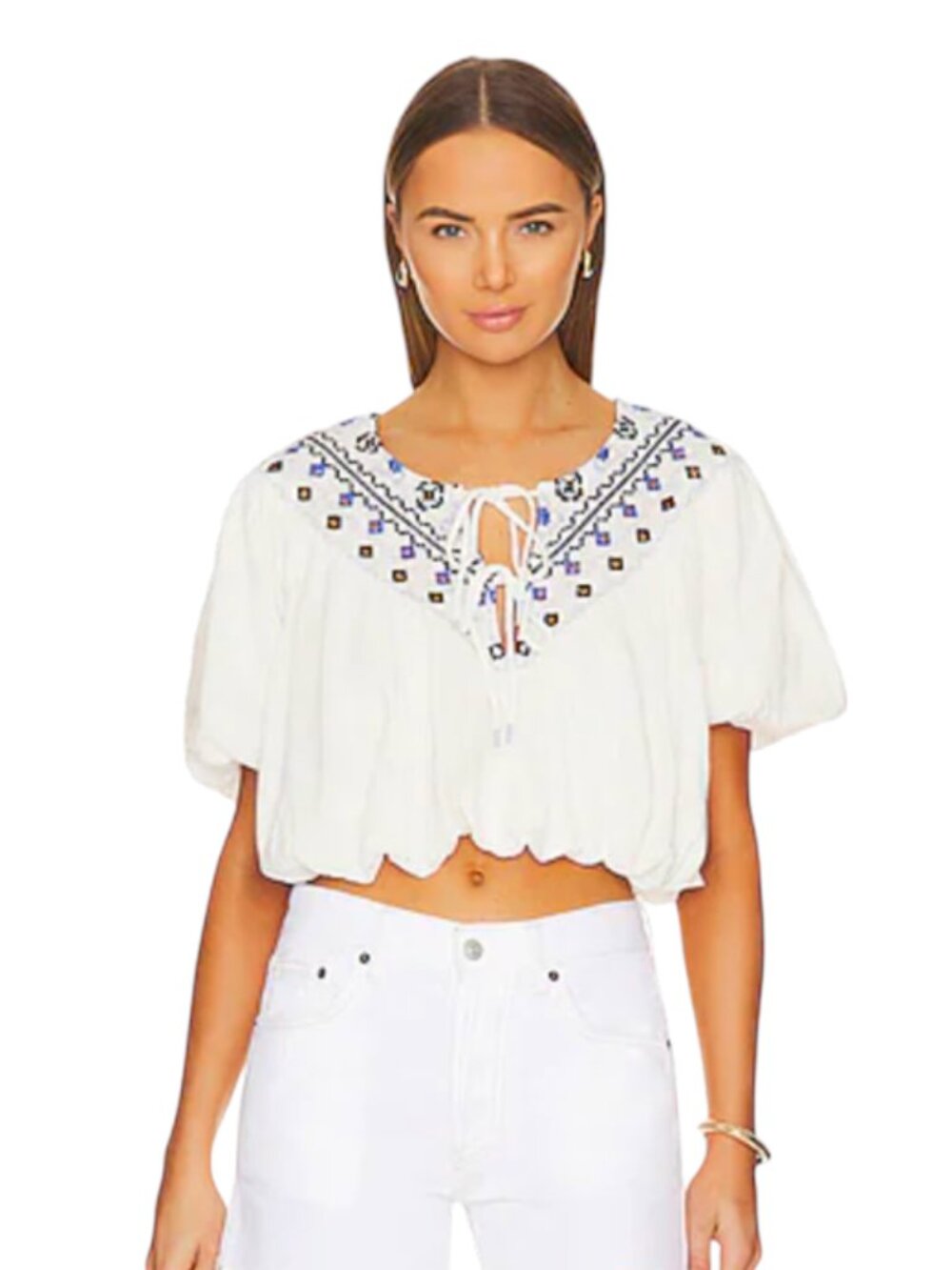 NWT Free People Joni Top Shirt Womens XL Ivory Blue Puff Sleeve Embroidered NEW